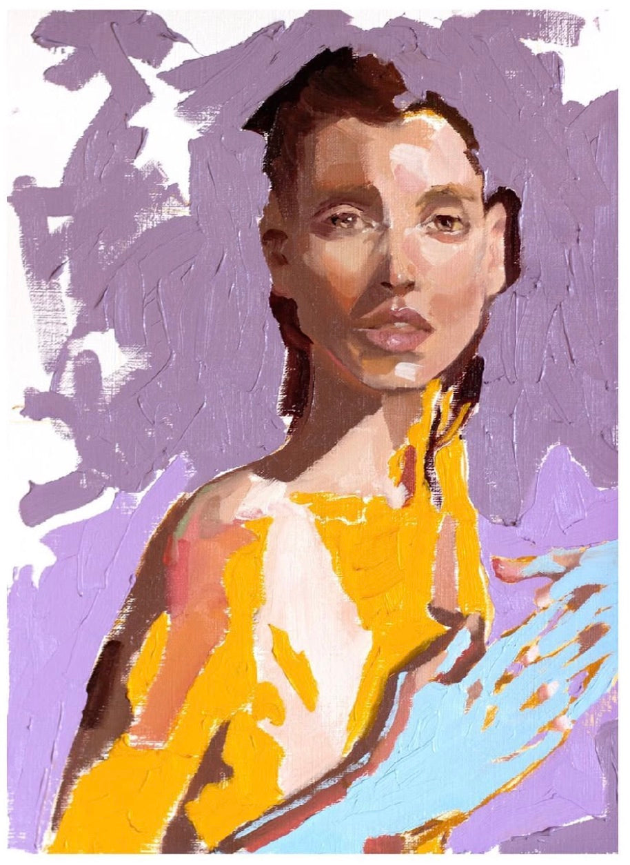 Figure in a yellow garment against lilac brushstrokes