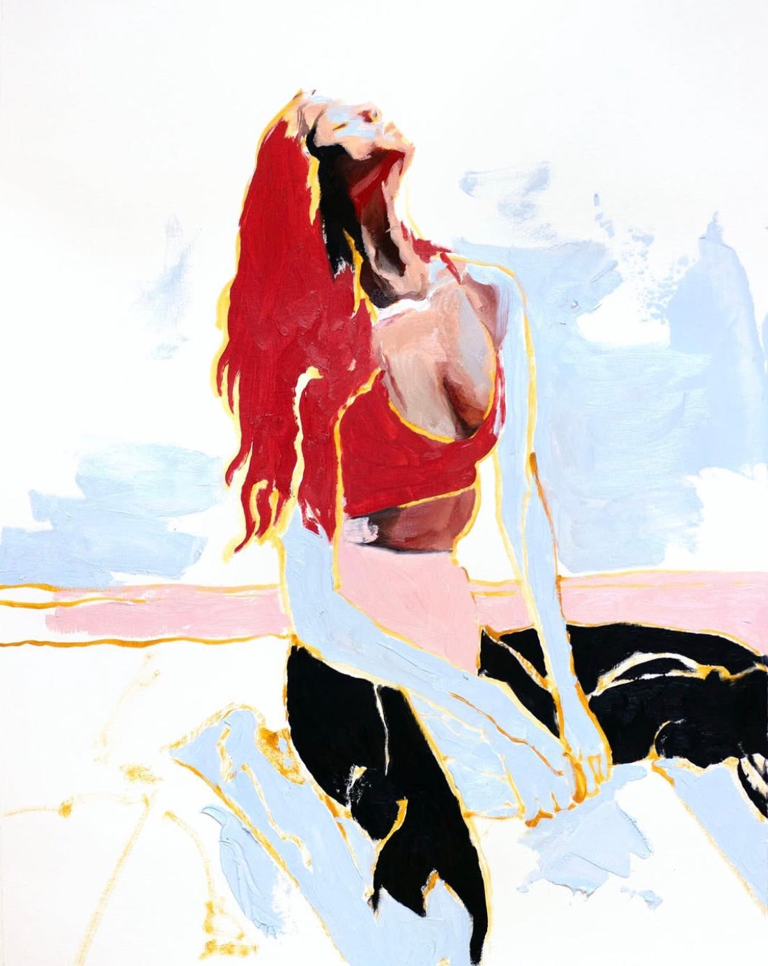 Red-haired figure with head tilted back