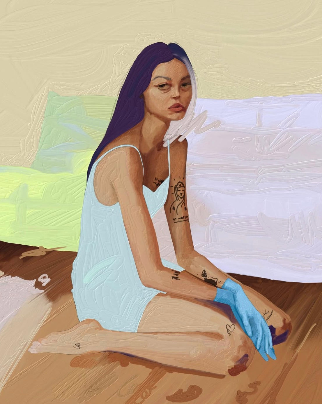 Kneeling figure in a white slip wearing one blue glove