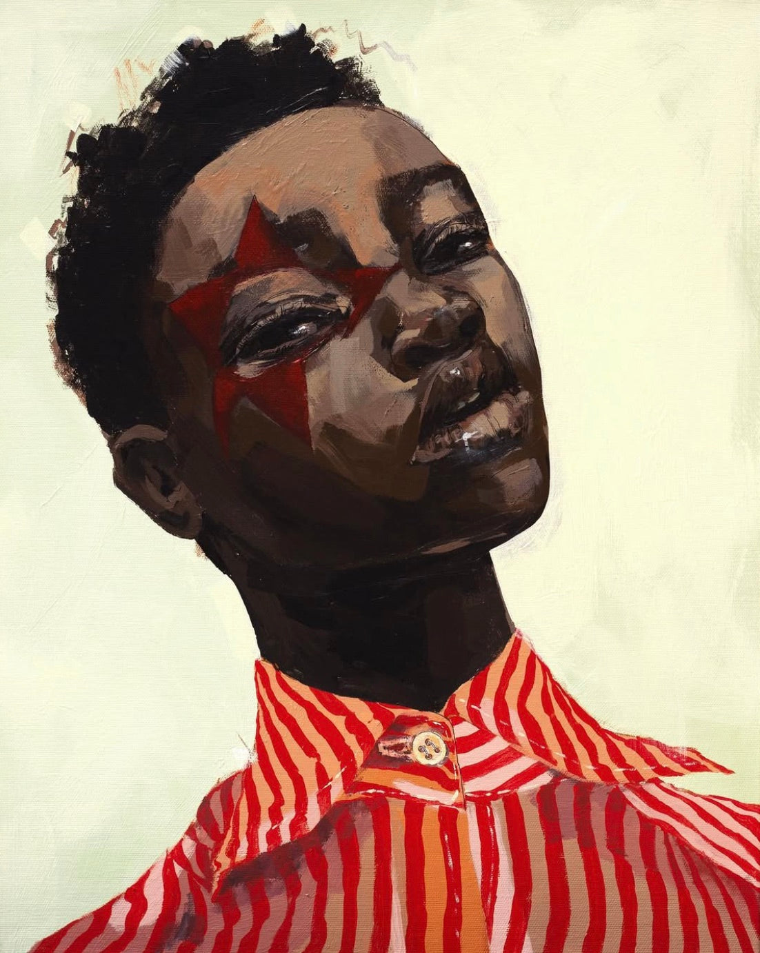 Portrait with a red star painted over one eye, striped shirt