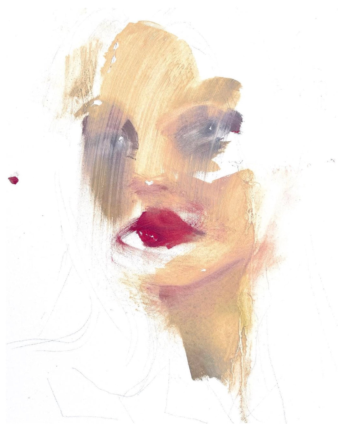 Abstracted face in soft washes with deep red lips