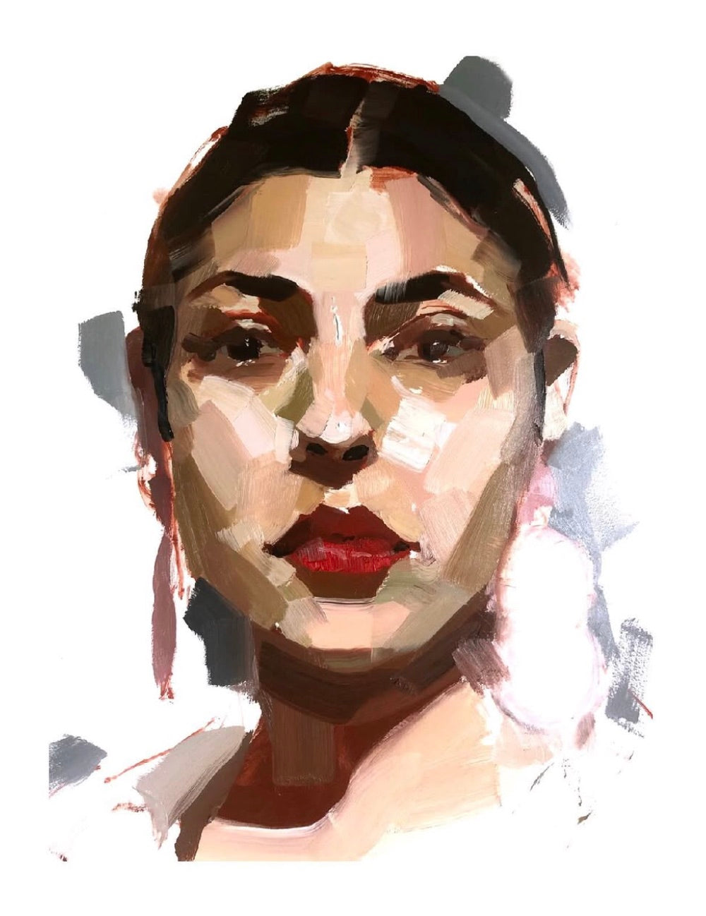 Frontal portrait of a woman with red lips and grey shadows