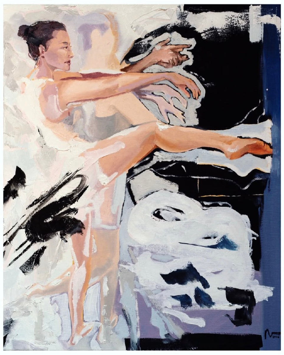 Dancer mid-movement in white against black