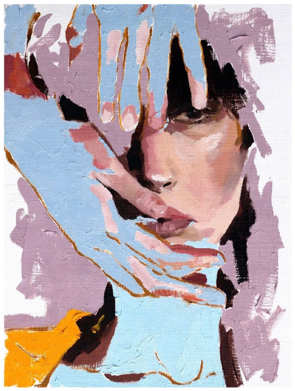 Blue hands covering a face, mauve and orange ground