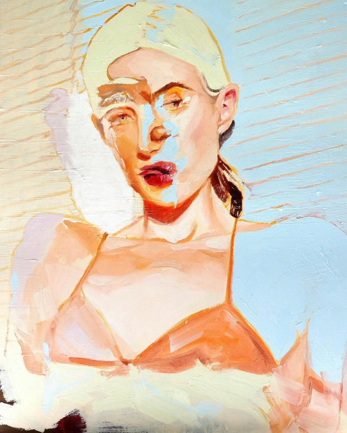 Figure in a pale swim cap in warm sun tones