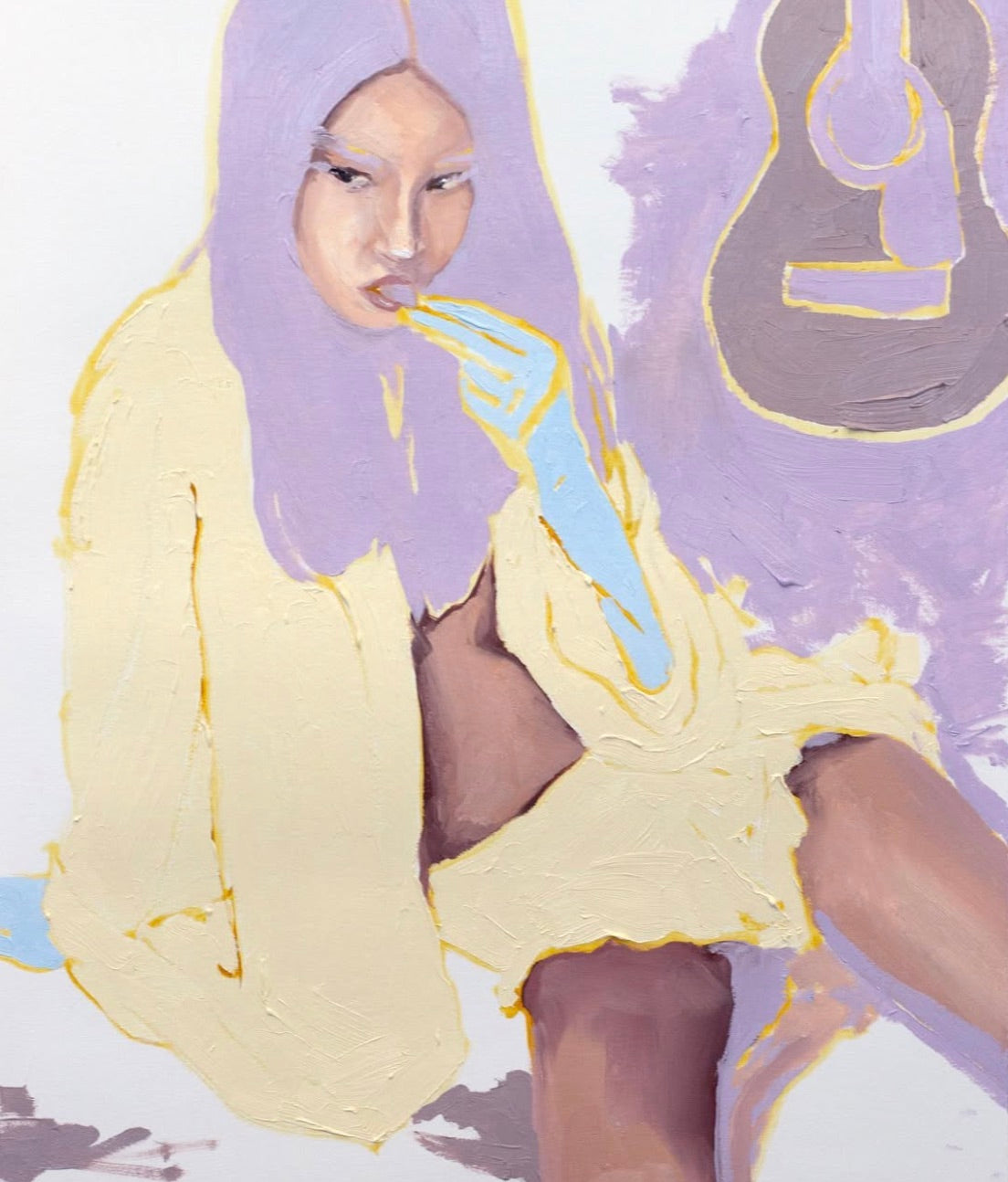 Seated figure with lavender hair beside a guitar