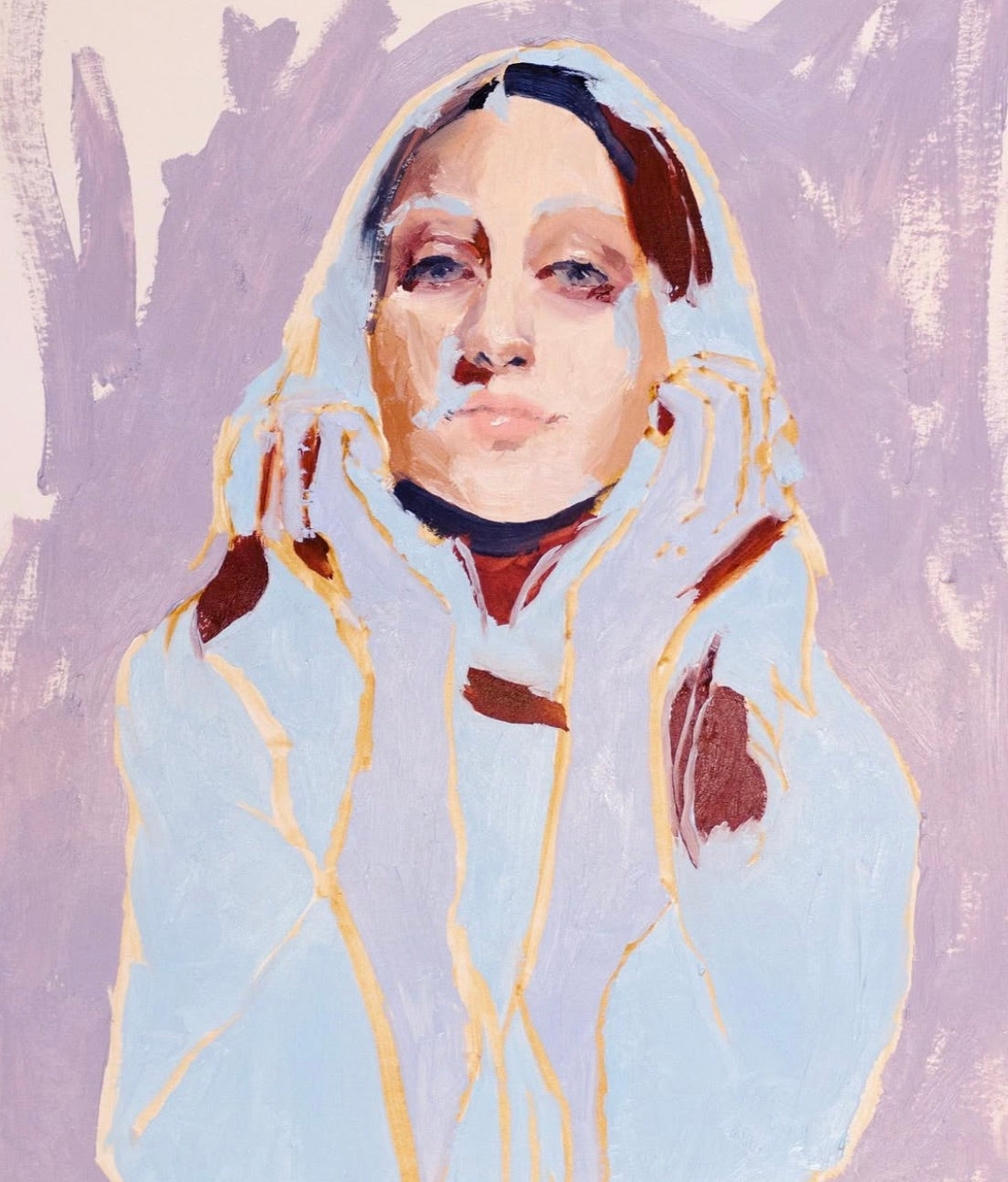 Figure in a pale blue hood against lavender