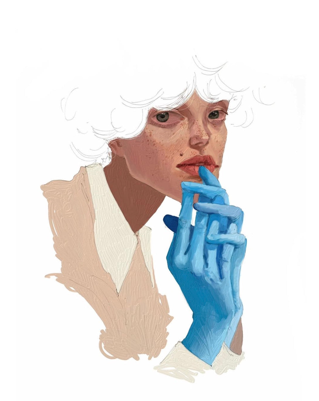 White-haired figure with a blue-gloved hand at the lips
